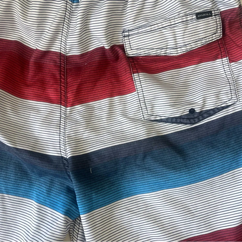 O’Neill Bathing Suit Swim Trunks Red Blue Striped Size Large